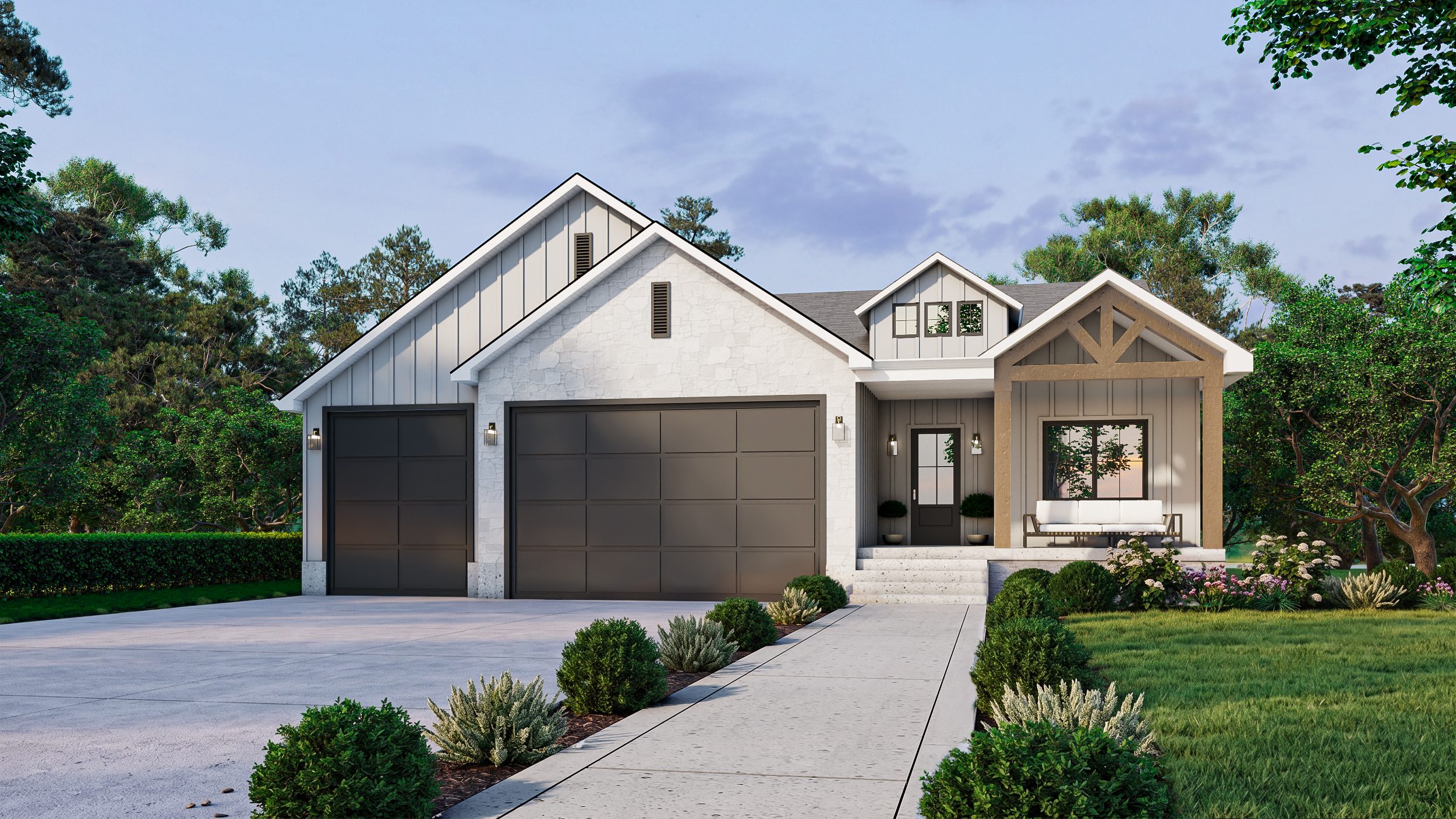 Chelsie floor plan exterior with stone and batten boarder